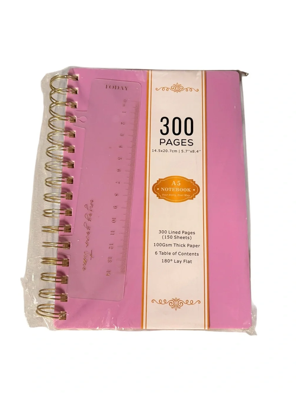 NWT- Pink A5 Spiral Notebook with Ruler - 300 Pages